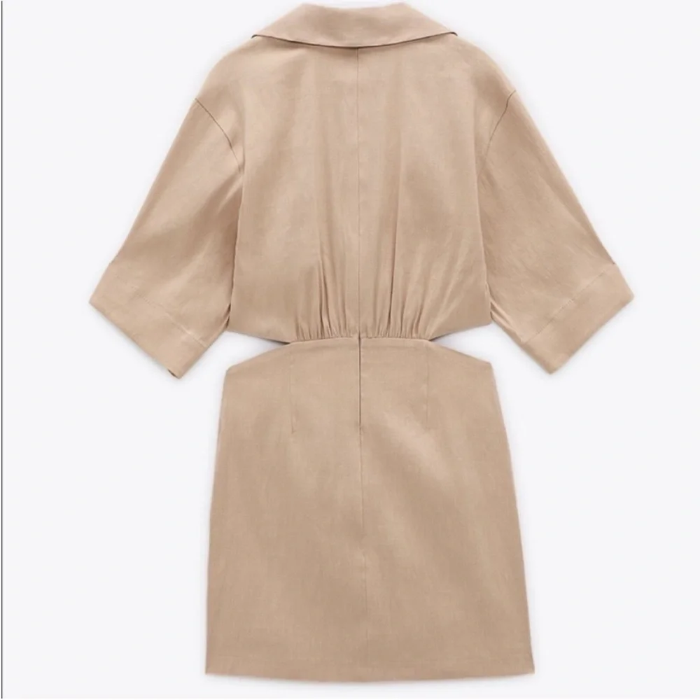 ZARA Blogger Favorite Linen Blend Sand Cut Out Mini Dress Size Small - Picture 9 of 14